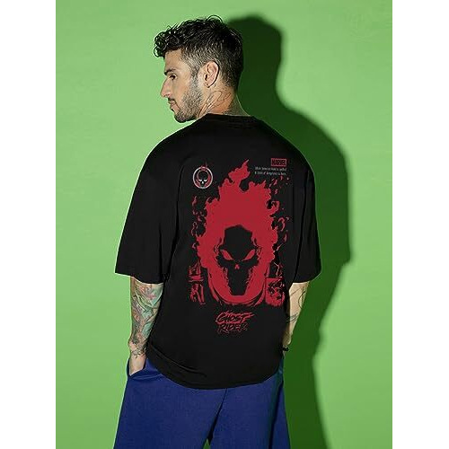 Bewakoof X Official Marvel Merchandise Men's Ghost Rider Spirit Of Vengeance Graphic Printed 100% Cotton T-Shirt - Oversized Fit, Round Neck, Half Sleeves_604148_Black_Xl