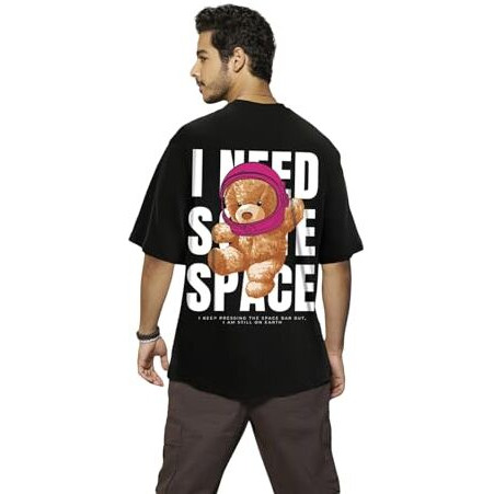 Bewakoof Men's Need Space Teddy Typography 100% Cotton T-Shirt - Oversized Fit, Round Neck, Half Sleeves Black