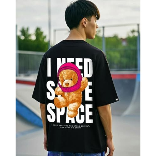 Bewakoof Men's Need Space Teddy Typography 100% Cotton T-Shirt - Oversized Fit, Round Neck, Half Sleeves Black