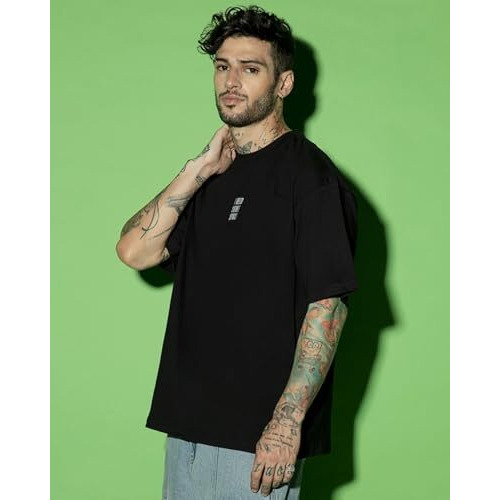 Bewakoof Men's Need Space Teddy Typography 100% Cotton T-Shirt - Oversized Fit, Round Neck, Half Sleeves Black