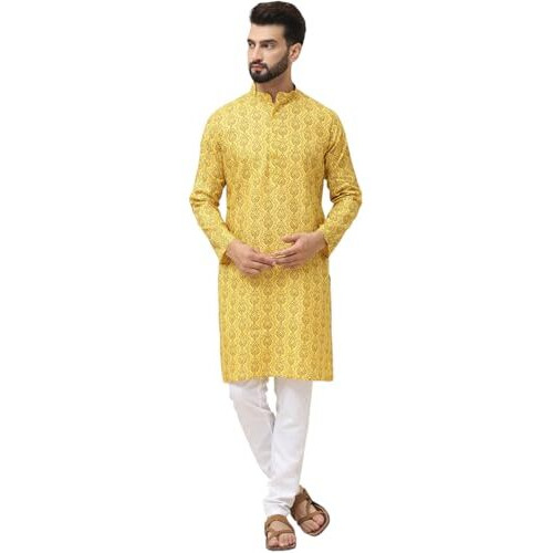 Sojanya (Since 1958 Men's Cotton Blend Mustard Printed Kurta And White Churidar Pyjama Set