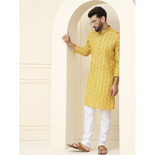 Sojanya (Since 1958 Men's Cotton Blend Mustard Printed Kurta And White Churidar Pyjama Set