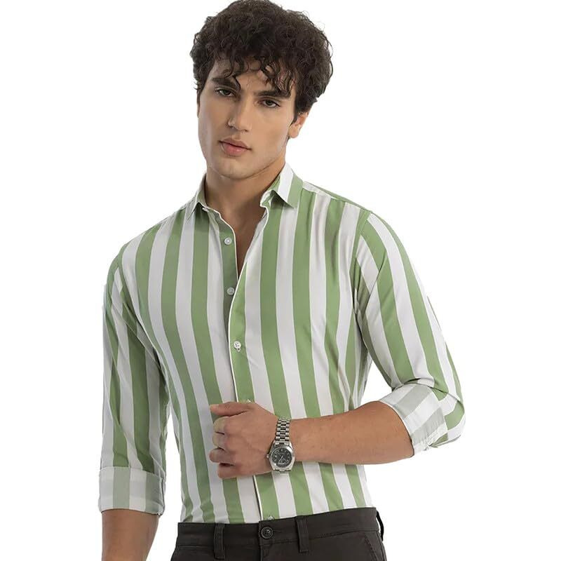 Men's Cotton Casual Printed Striped Stylish Latest Shirt For Men (Green-White Medium)