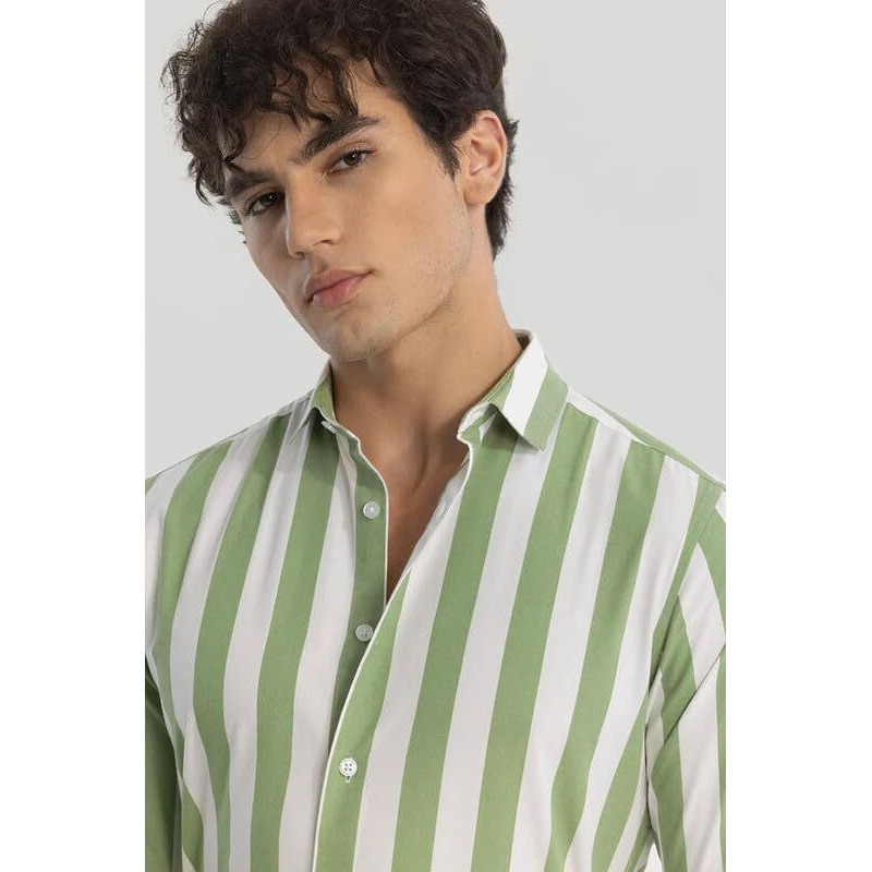 Men's Cotton Casual Printed Striped Stylish Latest Shirt For Men (Green-White Medium)