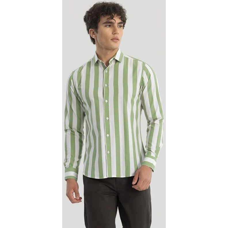 Men's Cotton Casual Printed Striped Stylish Latest Shirt For Men (Green-White Medium)