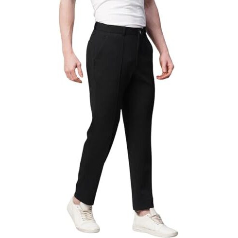 Greciilooks Men Poly Lycra Twill Regular Fit Mid Rise Casual Trousers (Black, Large)