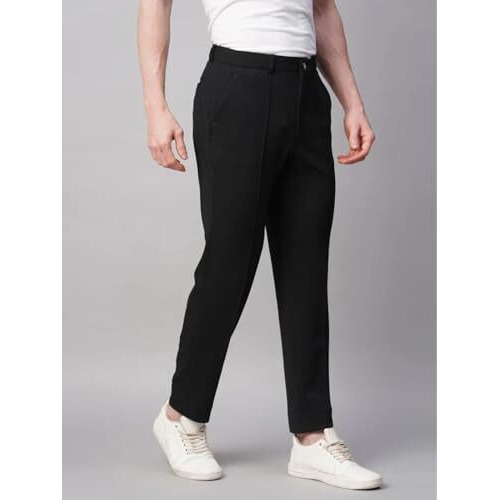 Greciilooks Men Poly Lycra Twill Regular Fit Mid Rise Casual Trousers (Black, Large)
