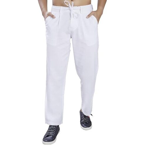 Divisive Men's Relaxed Fit Front Pleated Cotton Linen Trousers (Dpt31_32_White)