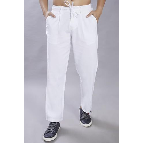 Divisive Men's Relaxed Fit Front Pleated Cotton Linen Trousers (Dpt31_32_White)