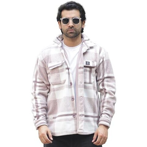 Maniac Men's Polyester Standard Length Checkered Beige Color Full Sleeve Fleece Shacket Jacket Medium