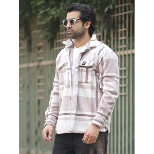 Maniac Men's Polyester Standard Length Checkered Beige Color Full Sleeve Fleece Shacket Jacket Medium