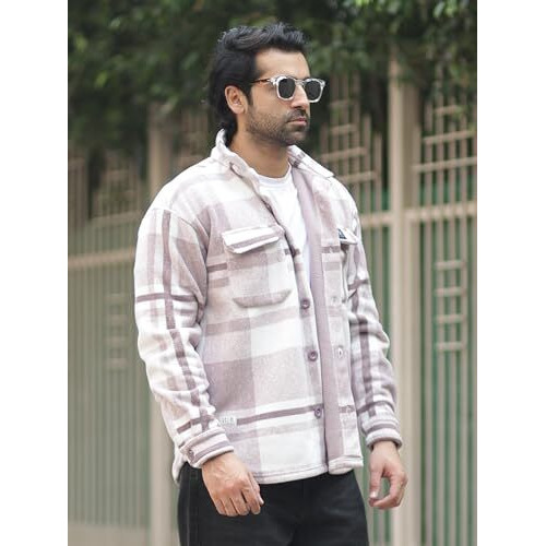 Maniac Men's Polyester Standard Length Checkered Beige Color Full Sleeve Fleece Shacket Jacket Medium