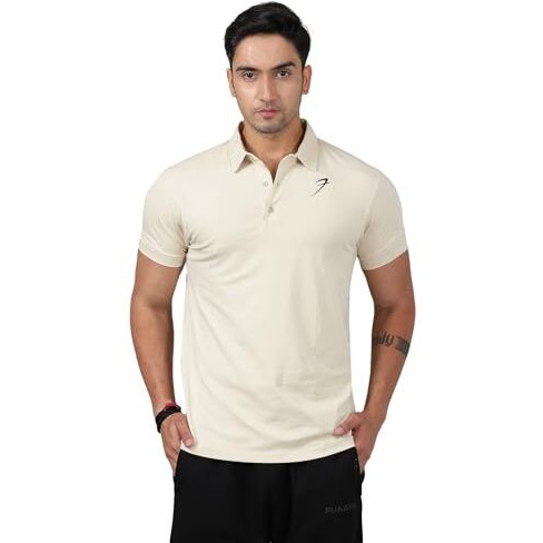 Fuaark Men's Slim Fit Polo T-Shirt (Beige, Small)