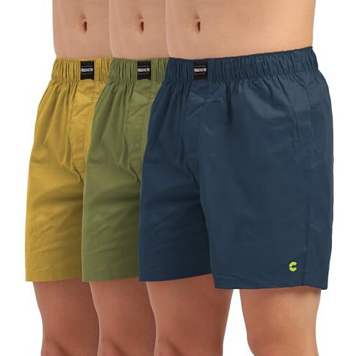 Freecultr Regular Fit Ultralight All Day Boxer Shorts For Men | 100% Cotton Fabric, Dual Deep Side Pocket, Microfibre Waistband Size L Pack Of 3-Hawaiian Blue,Absinthe Green,Yellow