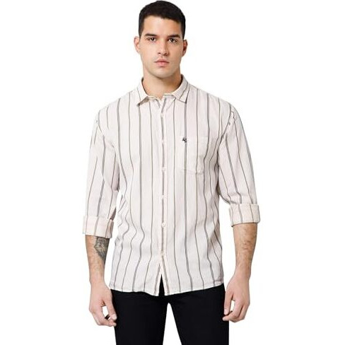 Cantabil Cotton Striped Full Sleeve Regular Fit Beige Casual Shirt For Men With Pocket | Cotton Casual Shirt For Men | Casual Wear Shirts For Men (Mshc00713_Ecru_40)