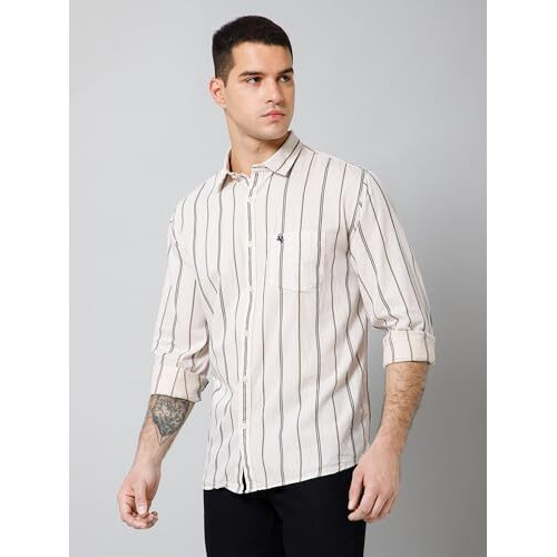 Cantabil Cotton Striped Full Sleeve Regular Fit Beige Casual Shirt For Men With Pocket | Cotton Casual Shirt For Men | Casual Wear Shirts For Men (Mshc00713_Ecru_40)