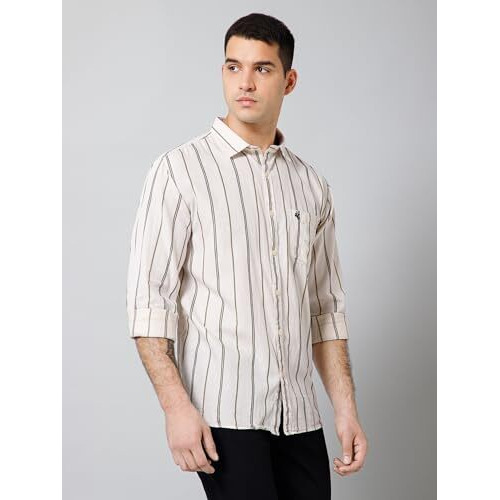 Cantabil Cotton Striped Full Sleeve Regular Fit Beige Casual Shirt For Men With Pocket | Cotton Casual Shirt For Men | Casual Wear Shirts For Men (Mshc00713_Ecru_40)