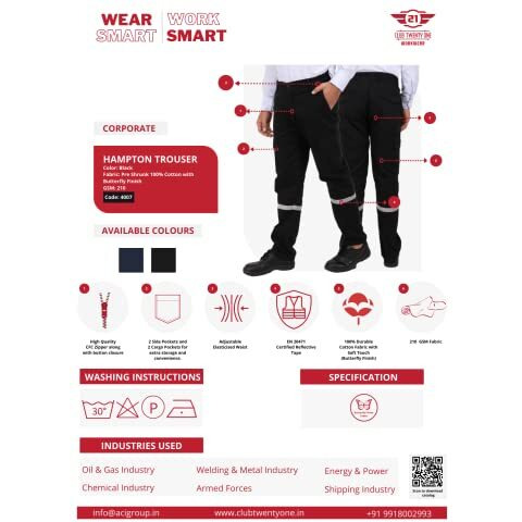 Club Twenty One Men's Cotton Trouser With Reflective Tape For Safety Workwear (Medium, Navy Blue)