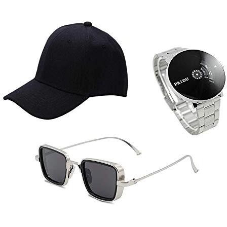 Selloria Boy's Combo Pack Of Analogue Stainless Steel Watch With Sunglass (Black)