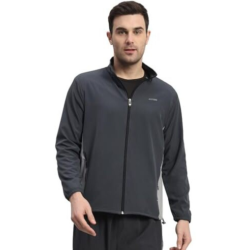 Fitinc Polyester Contrast Panel Sports Track Jacket For Men - Grey (X-Large)