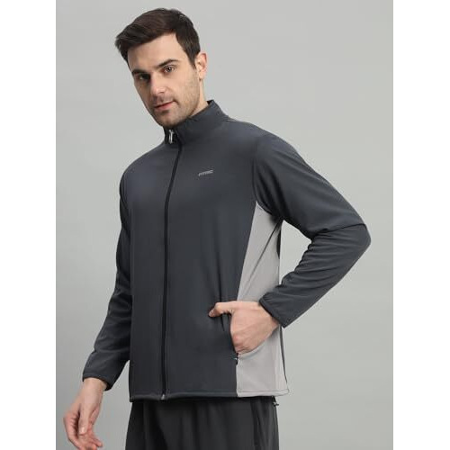Fitinc Polyester Contrast Panel Sports Track Jacket For Men - Grey (X-Large)