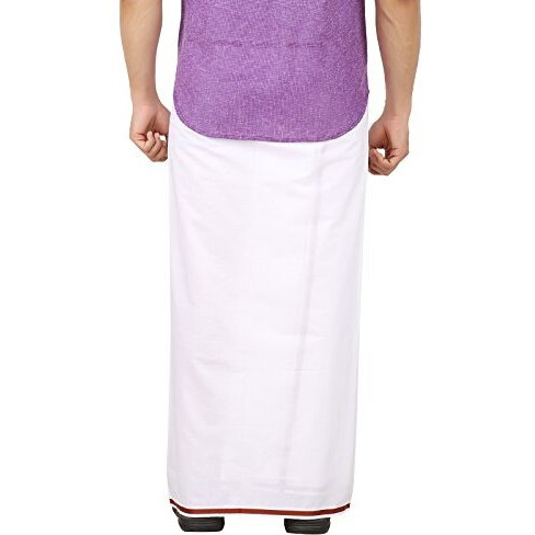 Prakasam Cotton White With Maroon Border Single Dhoti For Men (1.28X2.00 Mtrs)
