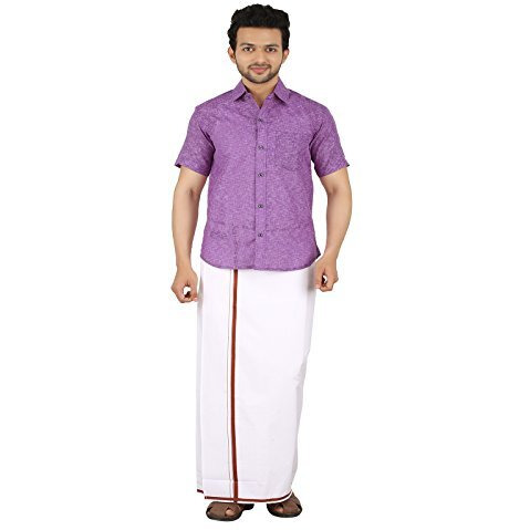 Prakasam Cotton White With Maroon Border Single Dhoti For Men (1.28X2.00 Mtrs)