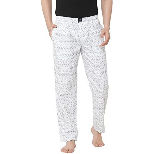 Urban Scottish Men's White Printed Woven Cotton Full Length Elasticated Casual Style Pyjama,Medium, Medium