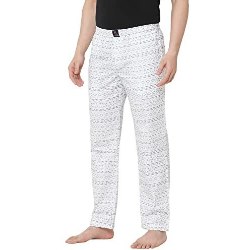 Urban Scottish Men's White Printed Woven Cotton Full Length Elasticated Casual Style Pyjama,Medium, Medium