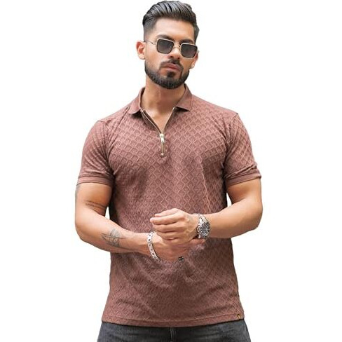 Maniac || Mens || Kite || Textured || Polo Neck || Half Sleeve || Cotton || Brown || Slim Fit || Tshirt