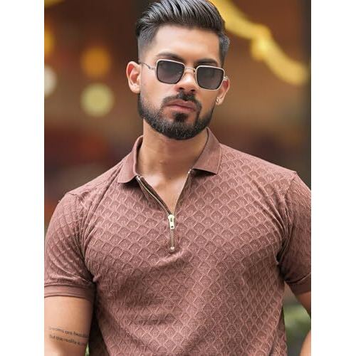 Maniac || Mens || Kite || Textured || Polo Neck || Half Sleeve || Cotton || Brown || Slim Fit || Tshirt