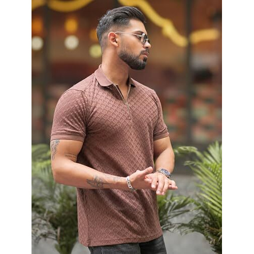 Maniac || Mens || Kite || Textured || Polo Neck || Half Sleeve || Cotton || Brown || Slim Fit || Tshirt