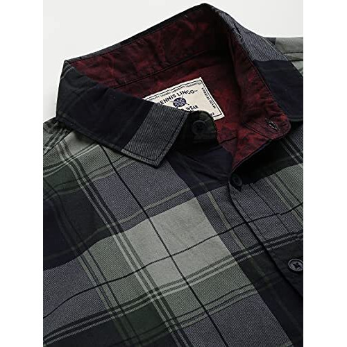 Dennis Lingo Men's Cotton Full Sleeves Checkered Slim Fit Casual Shirt (Olive, M)