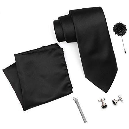 Rizoro Mens Plaid Micro Self Silk Solid Black Necktie Gift Set With Pocket Square Cufflinks Brooch Pin Men Tie Clip Formal Tie With Wooden Box For Gifting (Rw_44, Free Size)