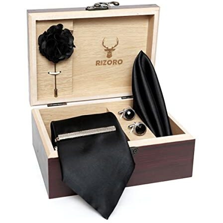 Rizoro Mens Plaid Micro Self Silk Solid Black Necktie Gift Set With Pocket Square Cufflinks Brooch Pin Men Tie Clip Formal Tie With Wooden Box For Gifting (Rw_44, Free Size)