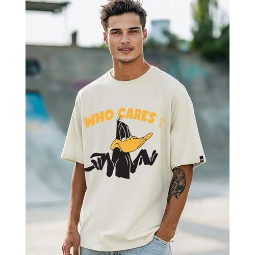 Bewakoof Official Looney Tunes Merchandise Daffy Duck Men's Graphic Print Oversized Fit Half Sleeve Round Neck Cotton Jersey T-Shirt_646664_Beige_2Xl