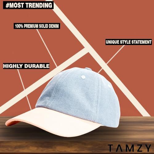 Tamzy Unisex 100% Washed Denim Adjustable 5 Panel Dad Hat Cap | Baseball Shade Flex Caps For Summer | H Buckle Hat For Men & Women | Dtf Print Sports Cap | Sun Protection Cap -Blue Denim + Peach
