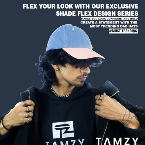 Tamzy Unisex 100% Washed Denim Adjustable 5 Panel Dad Hat Cap | Baseball Shade Flex Caps For Summer | H Buckle Hat For Men & Women | Dtf Print Sports Cap | Sun Protection Cap -Blue Denim + Peach