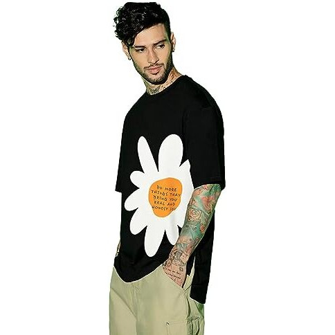 Veirdo Cotton Black Oversized Fit Half Sleeve Crew-Neck Printed T-Shirt For Men (Os_102_Flower_Bk_M)