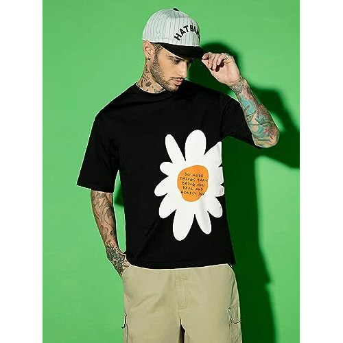 Veirdo Cotton Black Oversized Fit Half Sleeve Crew-Neck Printed T-Shirt For Men (Os_102_Flower_Bk_M)