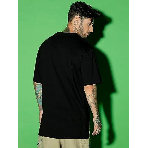 Veirdo Cotton Black Oversized Fit Half Sleeve Crew-Neck Printed T-Shirt For Men (Os_102_Flower_Bk_M)