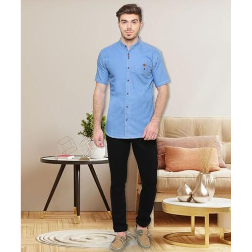 Kuons Avenue Men's Icewash Half Sleeve Casual Denim Shirt | Denim Shirts For Men Half Sleeves(Kaclhs1170M_Icewash_Medium)
