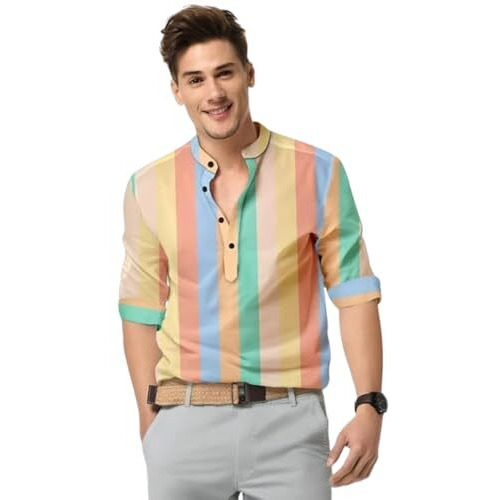 Dream Crushers Men's Cotton Multicolor Shirt Kurta For Men Stylish Regular Fit Full Sleeve Mens Shirt Kurta (L, Musterd)