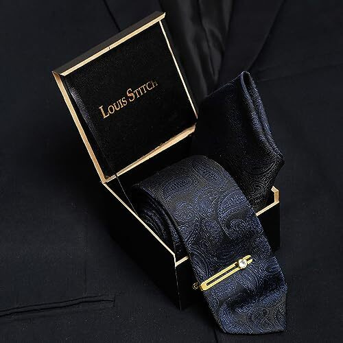 Louis Stitch Mens Space Blue Necktie Italian Silk Suit Tie With Golden Tie Pin Pocket Square American Style Formal Tie Gift Set For Men (Tegpbu024)