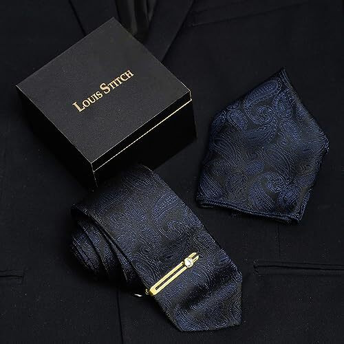 Louis Stitch Mens Space Blue Necktie Italian Silk Suit Tie With Golden Tie Pin Pocket Square American Style Formal Tie Gift Set For Men (Tegpbu024)