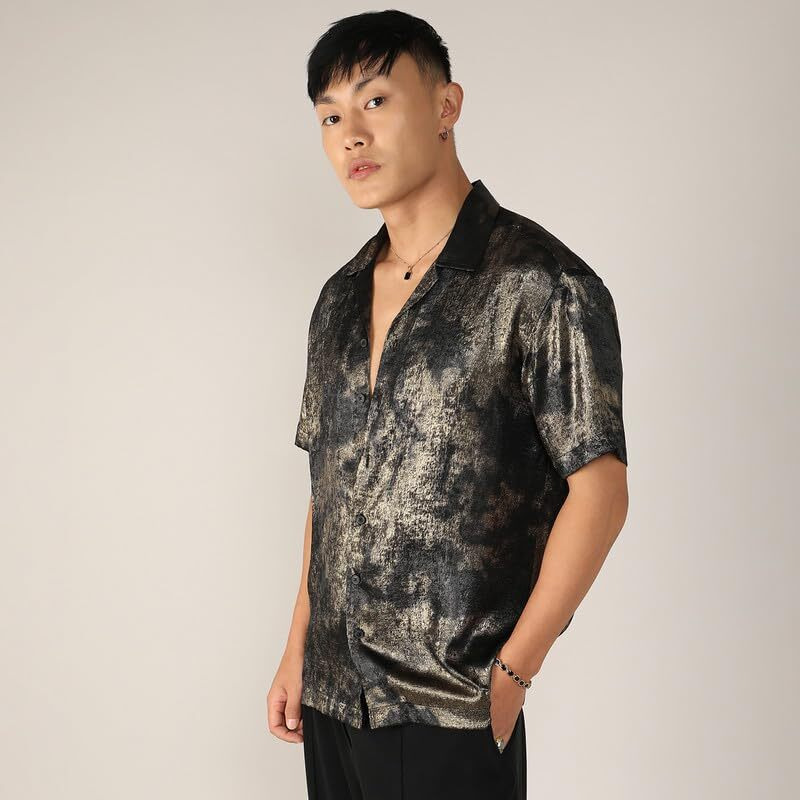 Campus Sutra Men's Midnight Black & Metallic Gold Metallic Ombre Shirt For Casual Wear | Cuban Collar | Short Sleeve | Button Closure | Shirt Crafted With Comfort Fit For Everyday Wear