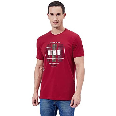 Ben Martin Men's Round Neck Half Sleeve Slim Fit Printed Cotton T-Shirt Red, Large