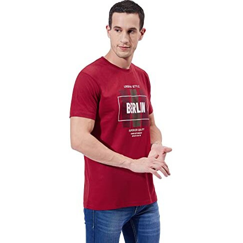 Ben Martin Men's Round Neck Half Sleeve Slim Fit Printed Cotton T-Shirt Red, Large