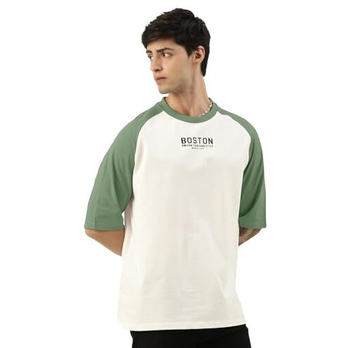 Maniac Mens Printed Round Neck Raglan Half Sleeve White And Hunter Greencotton Oversized Tshirt