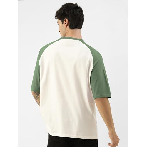 Maniac Mens Printed Round Neck Raglan Half Sleeve White And Hunter Greencotton Oversized Tshirt